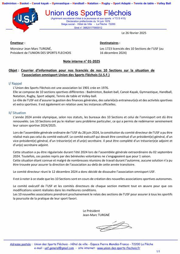 Dissolution en cours de l'omnisport Union des Sports Fléchois...